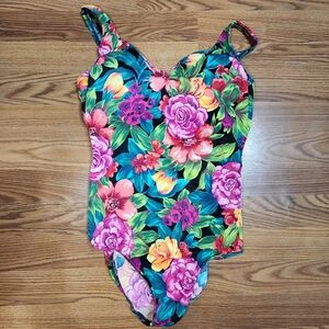 Vtg Roxanne Swimsuit Womens Bra Sized 36D Support One Piece Tropical Floral
